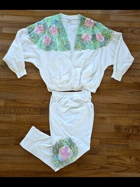 Vtg 80s Y2K Womens Watercolor Cardigan & Pant Set White Painted Floral Size L/XL